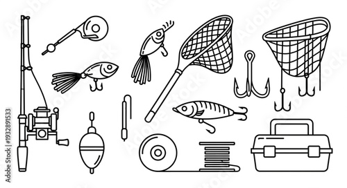 Collection of fishing equipment and accessories for recreational angling.