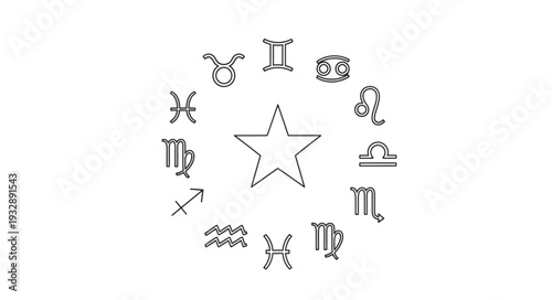 Zodiac signs arranged in a circle with a star in the center, astrology concept.