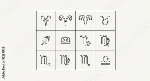 Zodiac signs arranged in a grid, representing astrological symbols and concepts.