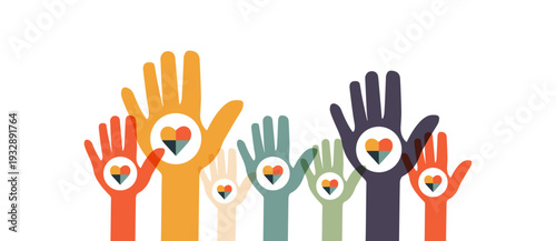 Raised hands. Volunteering, teamwork concert.	