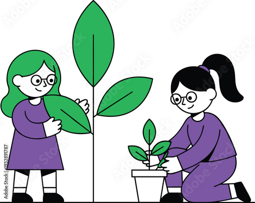 Children Planting Tree and Caring for Seedling Vector Illustration Showing Kids Gardening, Environmental Education, and Eco Friendly Activity Concept