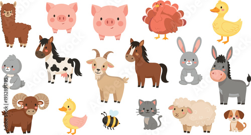 Cute farm animals collection with pig horse sheep duck rabbit and livestock vector illustration set