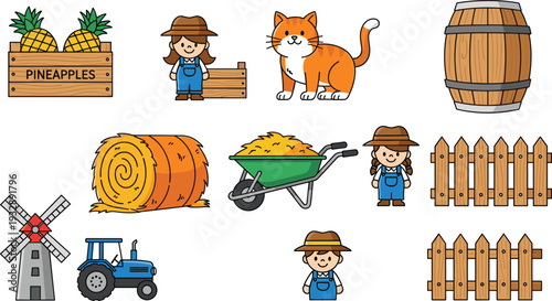 Farm elements collection with farmer tractor hay bale animals and agriculture tools vector illustration set