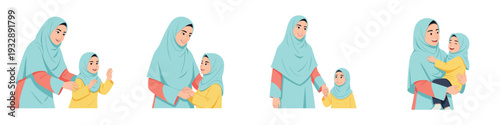 Mother and daughter in hijab, various poses with transparent background