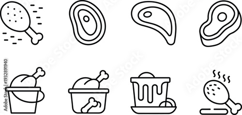 Chicken meat and drumstick line icon set, raw steak and roasted poultry bucket vector outline illustration collection