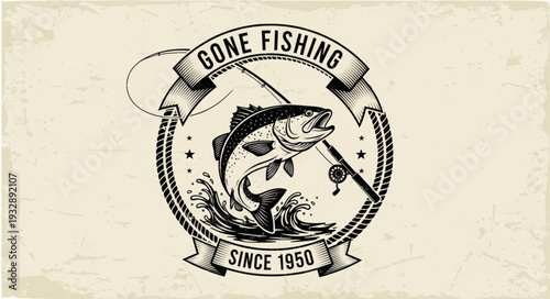 Vintage fishing emblem featuring a leaping fish and fishing rod, since 1950.