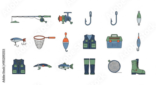 Collection of fishing equipment and accessories for recreational angling.