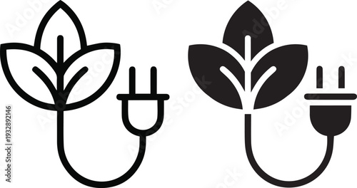 Renewable green energy plant and electrical plug icon set