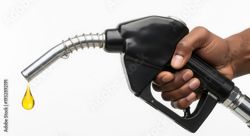 African-American hand holding fuel dispenser with yellow drop against white background, fuel economy and environmental awareness