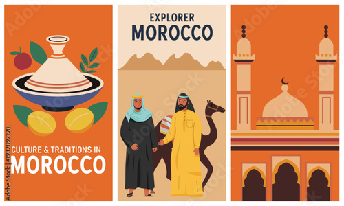 Vibrant flat vector illustrations of Moroccan culture, showcasing a tagine, a desert camel scene, and a mosque, with warm, inviting tones.
