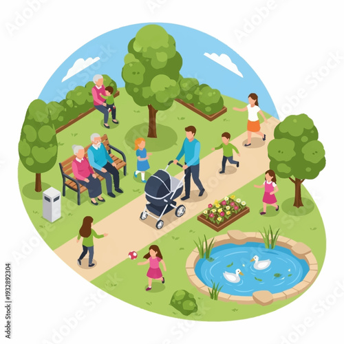Isometric illustration of diverse people enjoying leisure activities in a vibrant park setting.