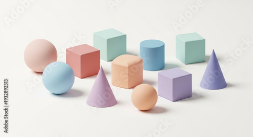 Colorful geometric shapes arranged on a white surface, creating a visually appealing composition.