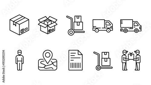 Delivery and moving service outline icon collection, logistics shipping and transportation theme, courier cargo distribution and warehouse management symbols, tracking system packaging box and deliver