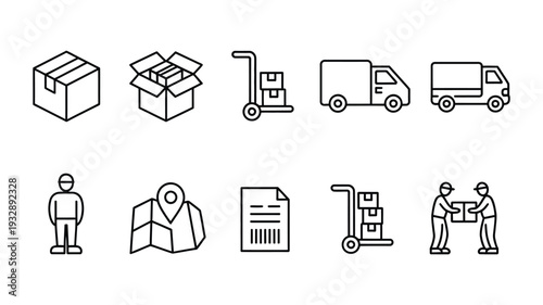 Delivery and moving service line icon set vector, logistics shipping transportation symbols, courier cargo distribution elements, warehouse management graphics, minimalist outline style, tracking pack
