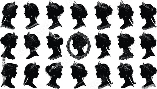 Elegant Collection of Victorian Queen Silhouettes Featuring Vintage Royal Women with Tiaras Ornate Jewelry and Classic Hairstyles in Detailed Black Profile Cameo Illustrations