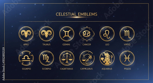 Celestial Emblems - Zodiac Signs Depicted in Golden Circular Designs.