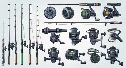 Collection of fishing rods and reels, perfect for angling and outdoor adventures.