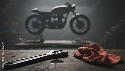 Wrench and oil rag on a wooden table in a dark custom motorcycle garage, ideal for mechanic workshop backgrounds, vintage bike builder blogs, or vehicle repair service marketing