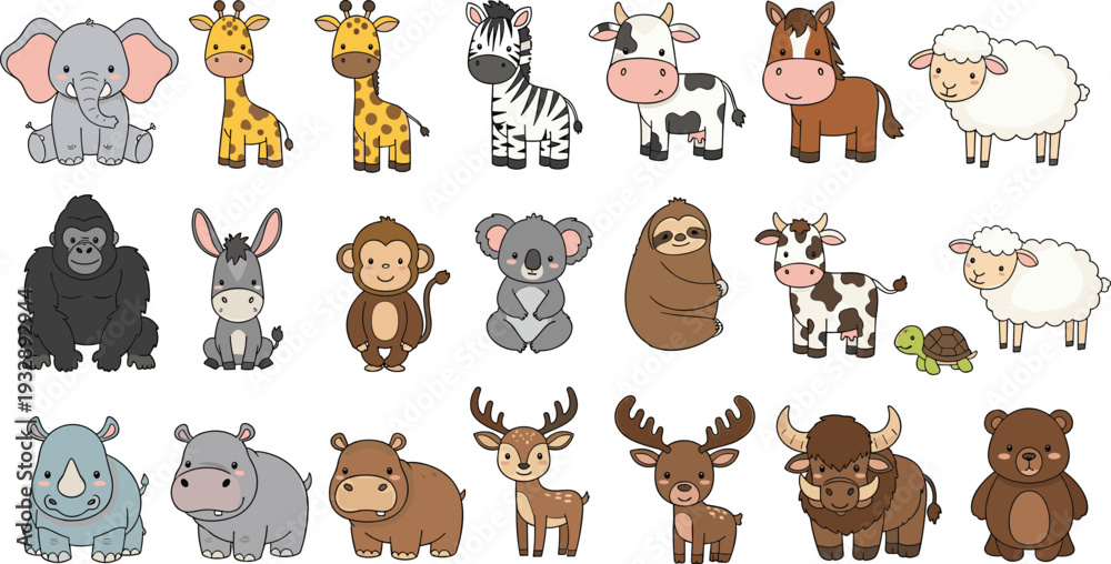 Fototapeta premium Cute wild and farm animals collection cartoon character wildlife vector illustration set