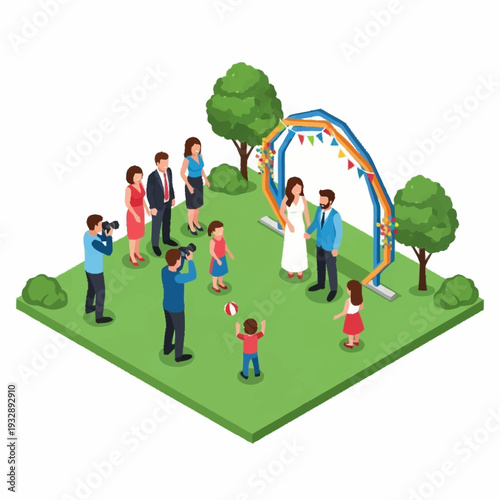 Isometric outdoor wedding ceremony with bride groom guests and photographers.