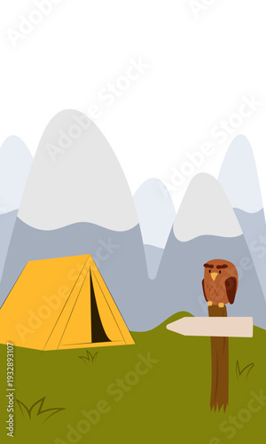 Flat vector illustration of camping outdoors. Mountains, campfire, tent, nature, camper, trees, coffee, backpack, guitar, kettle, boiler, tea, silence, calm, peace, marshmallows on fire