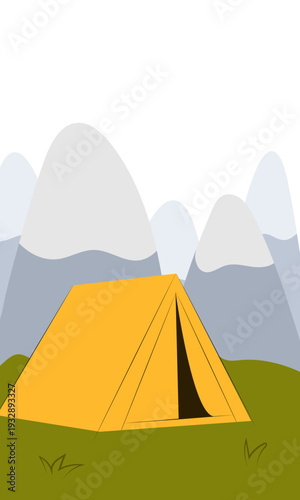 Flat vector illustration of camping outdoors. Mountains, campfire, tent, nature, camper, trees, coffee, backpack, guitar, kettle, boiler, tea, silence, calm, peace, marshmallows on fire