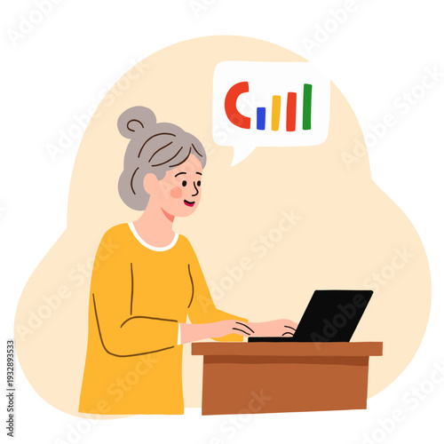 Elderly woman working on laptop and smiling in home office setting. Elderly set