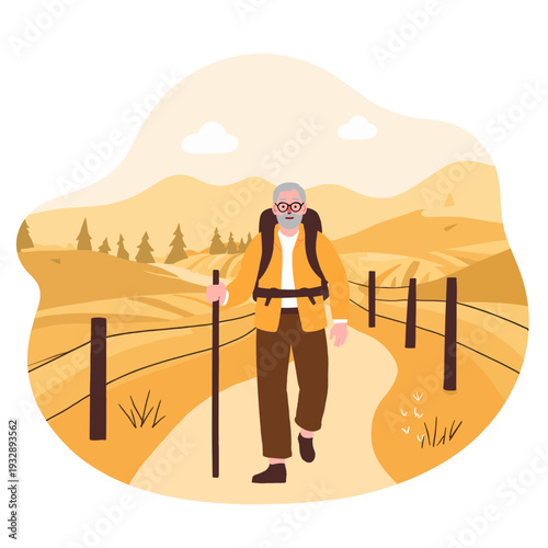 Elderly man hiking with backpack on scenic path in golden landscape. Elderly set