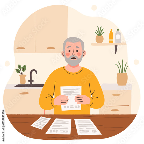 Elderly man looking concerned while holding documents at kitchen table. Elderly set