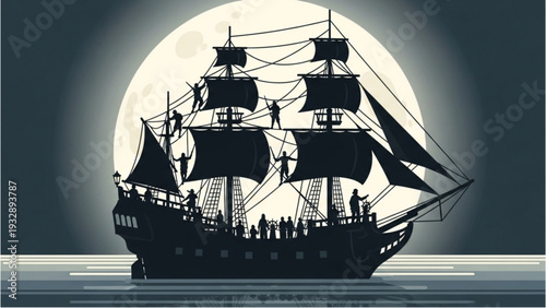 A majestic pirate ship sails through calm waters under the full moon's silvery glow at dusk from a distant viewpoint