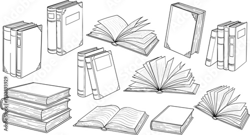 Hand drawn book collection line art vector set with stacked books, open pages, textbooks, and reading materials for education, library, and publishing designs