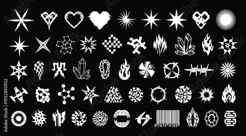 Collection of various white starburst explosion shapes and symbols on black background