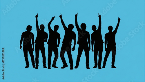 Group of silhouetted people celebrating together with raised arms in a lively atmosphere