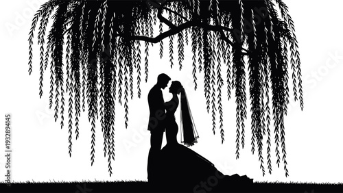 Elegant Silhouette of a Bride and Groom Embracing Under a Weeping Willow Tree at Sunset, Romantic Wedding Couple Outdoors in Nature Backlit Illustration