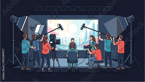 Filmmakers preparing for a movie shoot on a studio stage with camera equipment and lighting