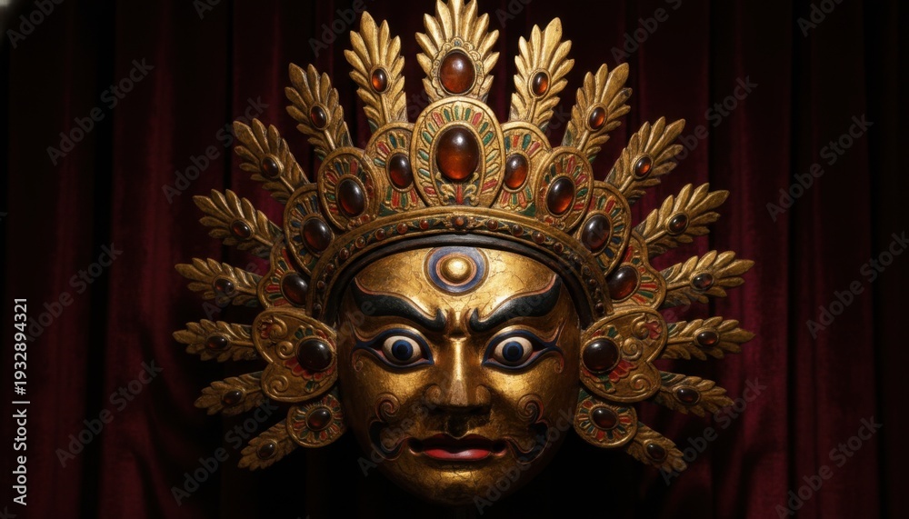 Obraz premium Gilded Wooden Mask With Expressive Painted Features and Ornate Headdress