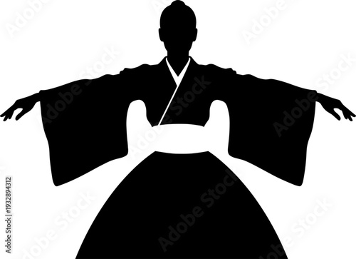 Elegant silhouette of a Japanese woman wearing traditional kimono and obi belt with arms outstretched, representative of Asian culture, grace, and heritage. (24 words)