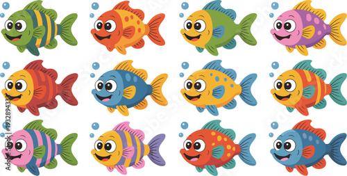 Cute cartoon fish collection, colorful underwater sea creatures, playful characters, simple flat design, ocean life, vector illustration.
