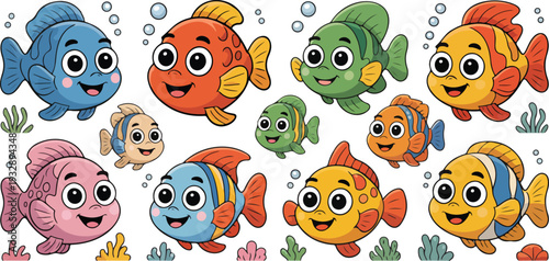 Cute cartoon fish collection, colorful underwater sea creatures, playful characters, simple flat design, ocean life, vector illustration.
