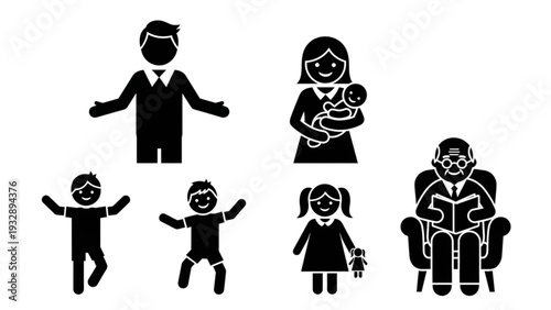 Family with children gathered around elderly relative in a cozy living room setting from a straightforward viewpoint