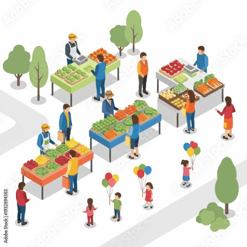 Outdoor Farmers Market Scene with Shoppers and Vendors.
