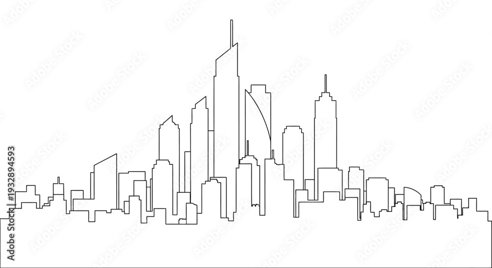 Fototapeta premium Modern cityscape outline featuring tall buildings, a striking silhouette