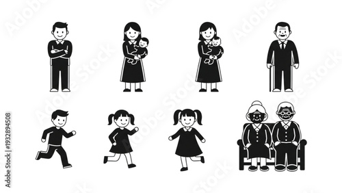 Illustration of diverse family members in various actions and emotions depicted in a simple black and white style