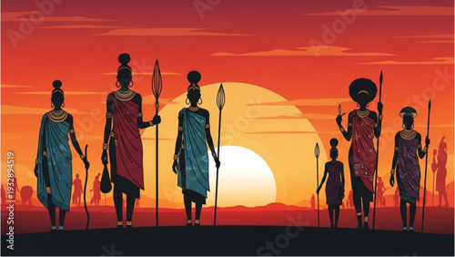 Group of people walking together at sunset holding spears in traditional attire