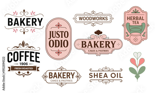 Elegant vintage vector labels and badges for artisanal bakery, coffee, herbal tea, evoking nostalgic, handcrafted appeal.