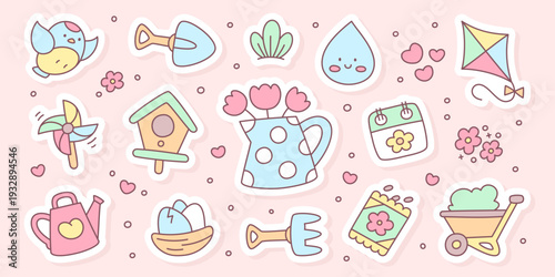 Kawaii spring sticker set. Cute pastel collection with bird, nest with eggs, birdhouse, jug with tulips, sprouts, flowers, seeds and gardening tools. Vector 10 EPS.