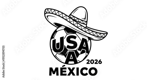 Soccer ball with a sombrero representing the USA, Mexico, and 2026.