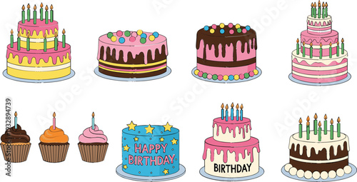 Birthday cake and cupcake cartoon vector illustration set with colorful candles, icing, layers, and festive desserts for party invitations, celebrations, and bakery designs