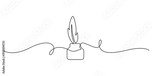 Continuous line drawing of a quill pen in an inkwell, concept of storytelling and classic writing minimalist vector Abstract single line sketch of vintage writing tool, legal contract and signature