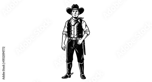 Cowboy standing tall in classic attire, ready for adventure in the wild west.